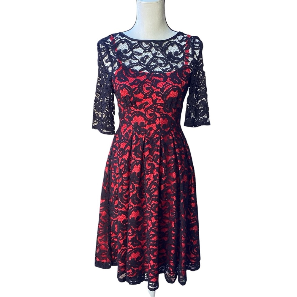 Adrianna Papell Black Lace Dress Sheer Illusion Red Underlay Size 2